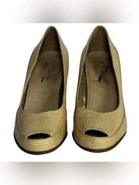 A2 by Aerosoles Women's Size 7.5 Tan Faux Snakeskin Peep Toe Comfort Pump Heels